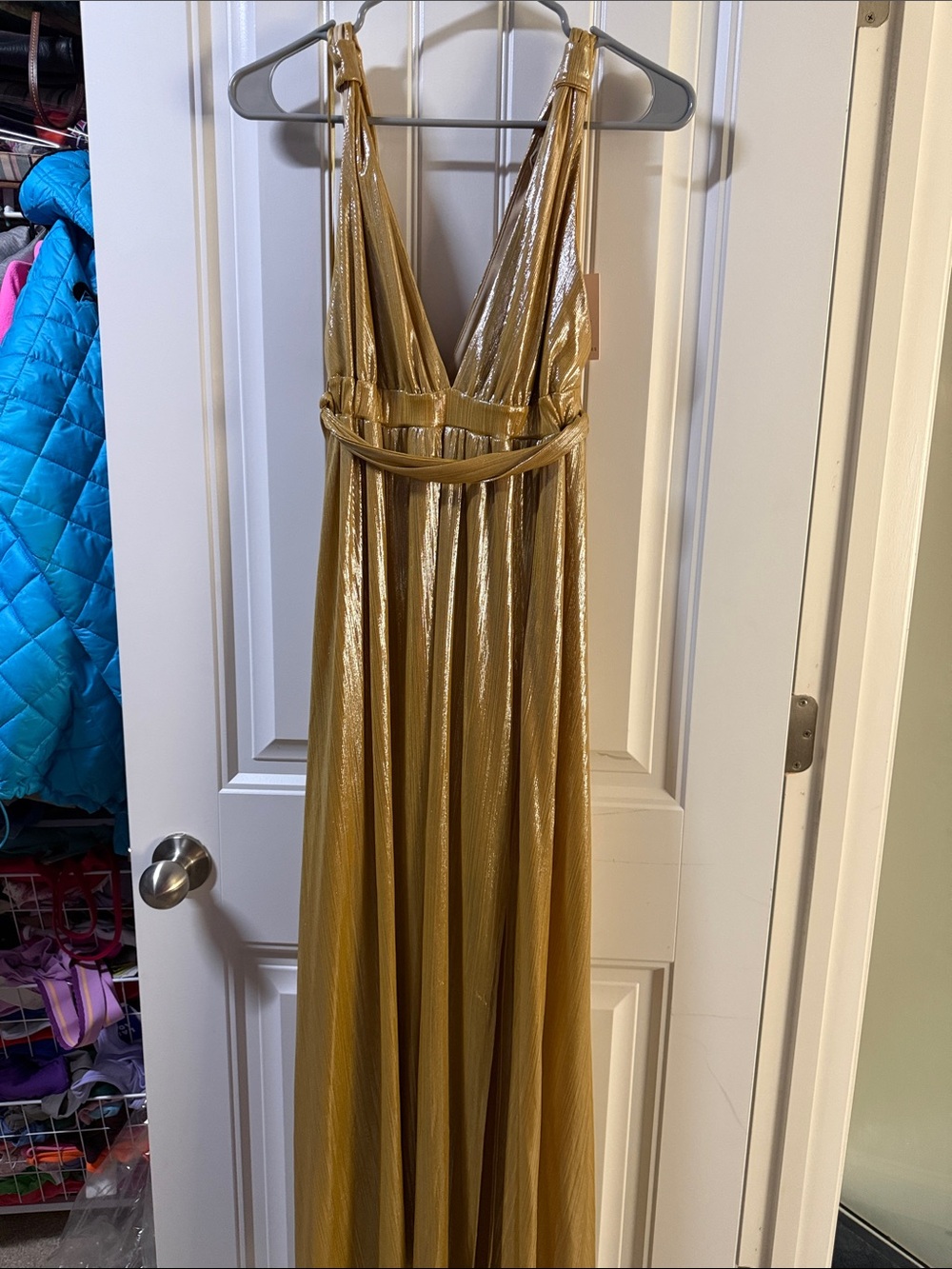 Sincerely Jules Gold Metallic Pleated Maxi Dress